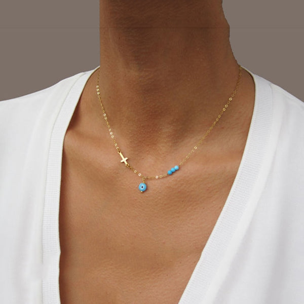 Bohemian Women Cross Choker Necklace Blue Eye Beads Necklace