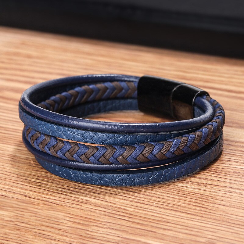 Braided Blue Color Leather Bracelets for Men