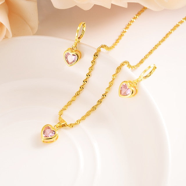 Heart White Blue Green Cubic Zircon Earring Necklace chain Jewelry Sets