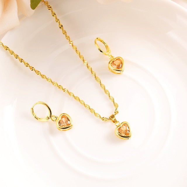 Heart White Blue Green Cubic Zircon Earring Necklace chain Jewelry Sets