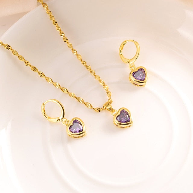 Heart White Blue Green Cubic Zircon Earring Necklace chain Jewelry Sets