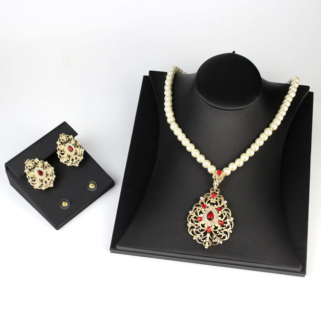 Gold Color Arabic Necklace Earring Cuff Bracelet Jewelry Sets