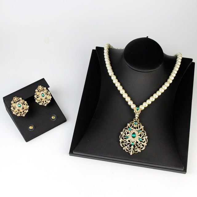 Gold Color Arabic Necklace Earring Cuff Bracelet Jewelry Sets