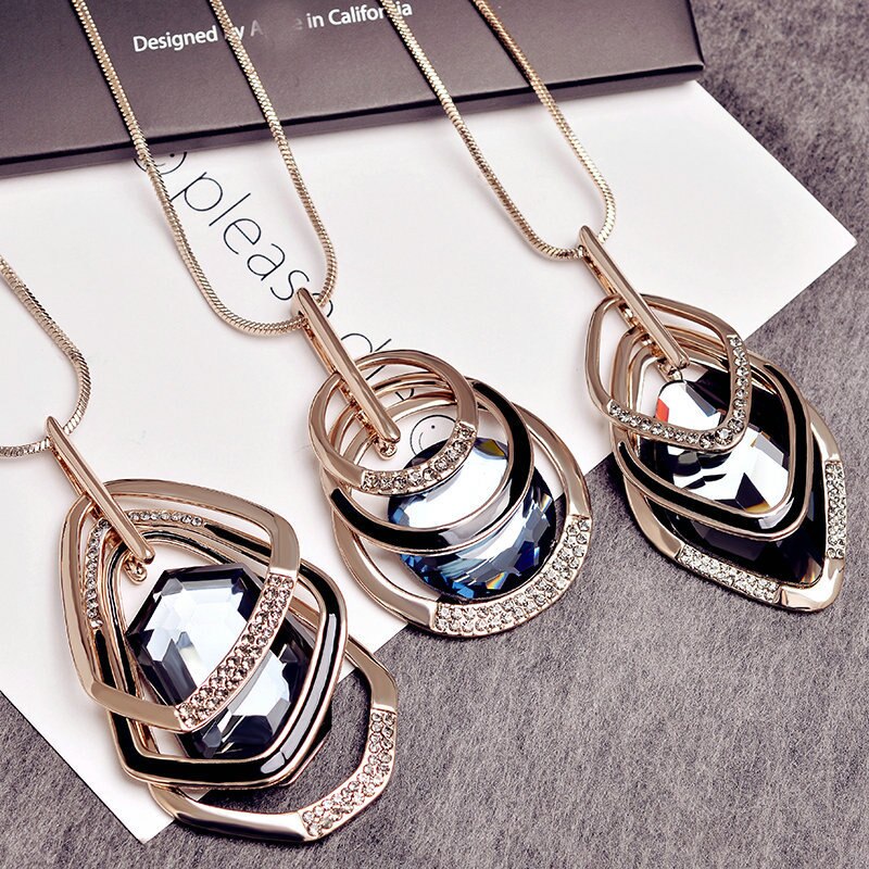 Gold Silver Color Rhinestone Long Necklace