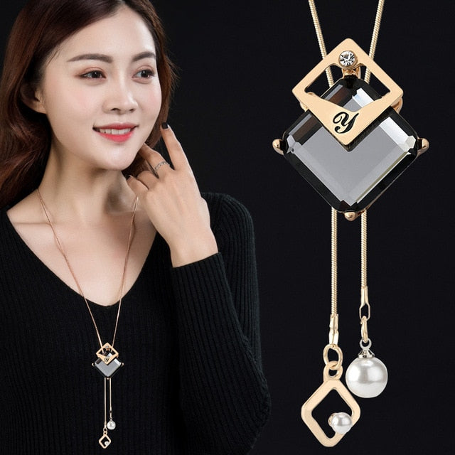 Gold Silver Color Rhinestone Long Necklace