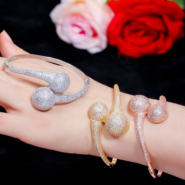 African Adjustable Size Ball Micro Pave Cubic Zirconia 585 Gold Color Bracelet Bangle