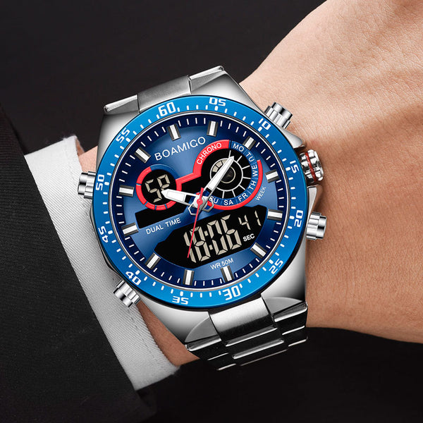 Relojes para hombre de acero inoxidable de lujo deportivos para hombre reloj de cuarzo azul analógico digital