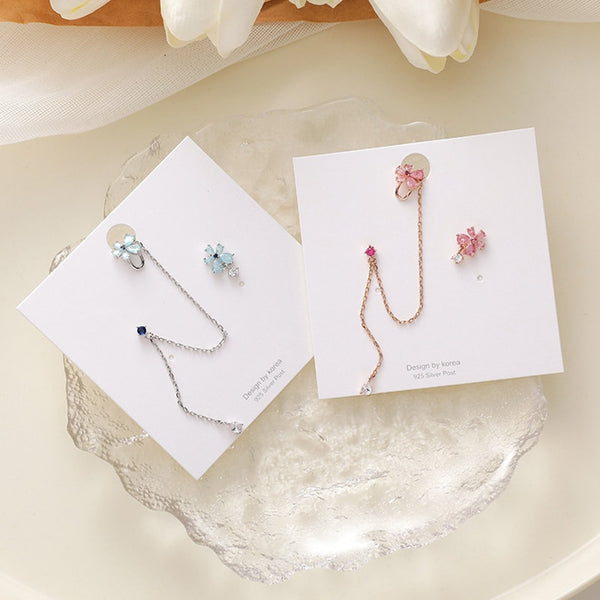 Pendientes de clip con forma de flor pequeña de circonita brillante de lujo de moda coreana
