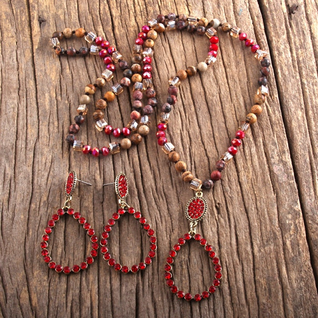 Natural Stone & Glass Long Knotted Drop Pendant Necklace Earring Set