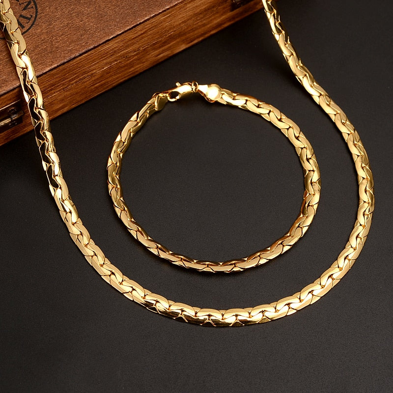 Trendy 7MM Width Cuban Chain Men Necklace Bracelet Jewelry Sets