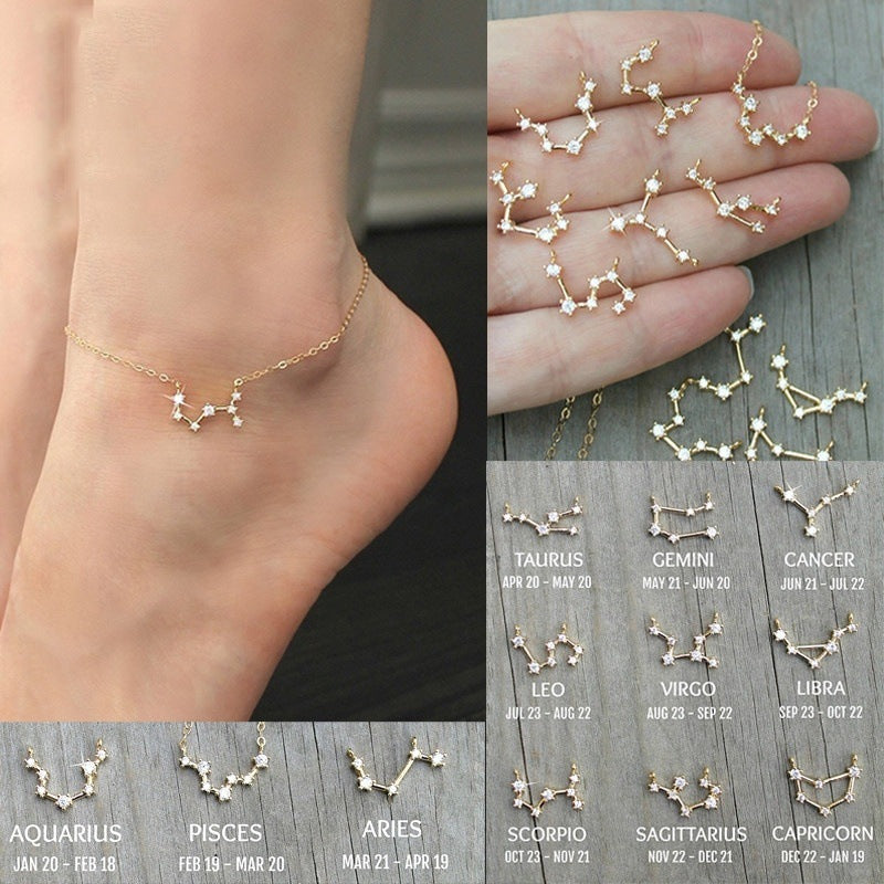 Bohemian 12 Crystal Zodiac Constellation Anklets For Women