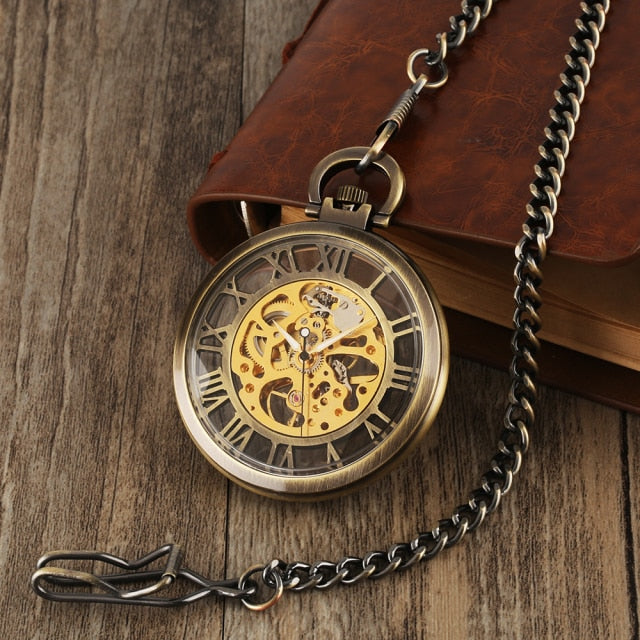 Vintage Watch Necklace Steampunk Skeleton Mechanical Fob Pocket Watch