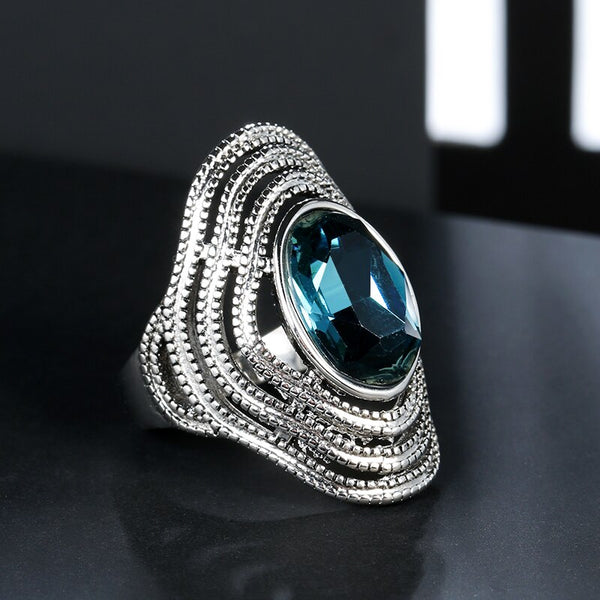 Anillo de cristal azul vintage de lujo, joyería de moda, anillos antiguos de color plata.