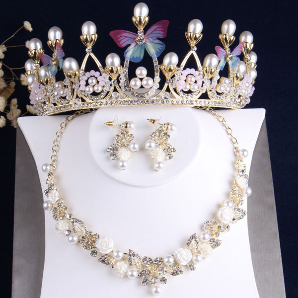 Conjuntos de joyas nupciales barrocas, románticas, con mariposas rosas y azules de cristal