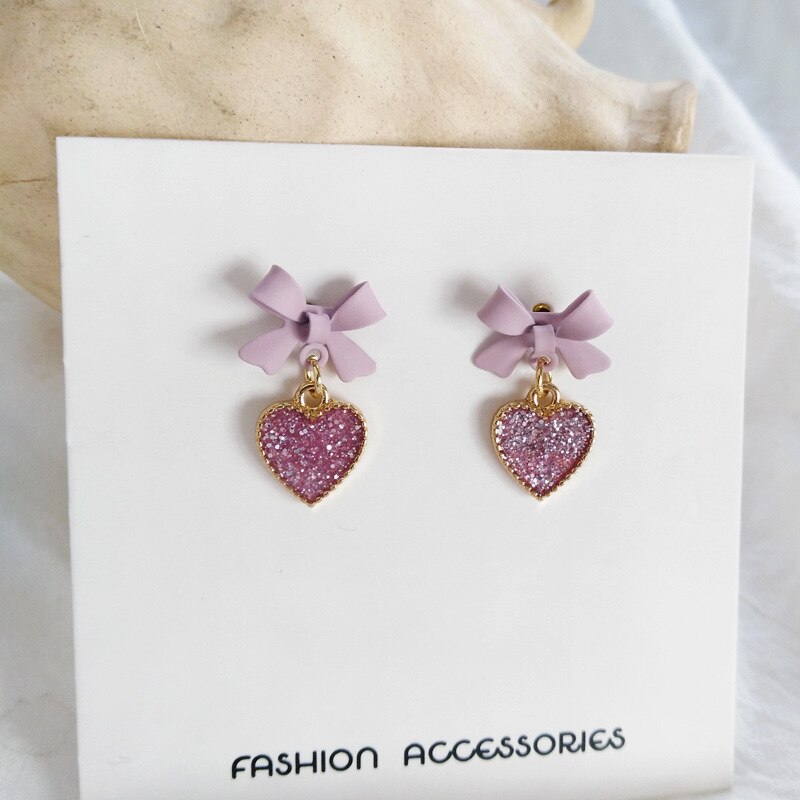 Korean style Purple Bow Sequin Love Heart Clip on Earrings