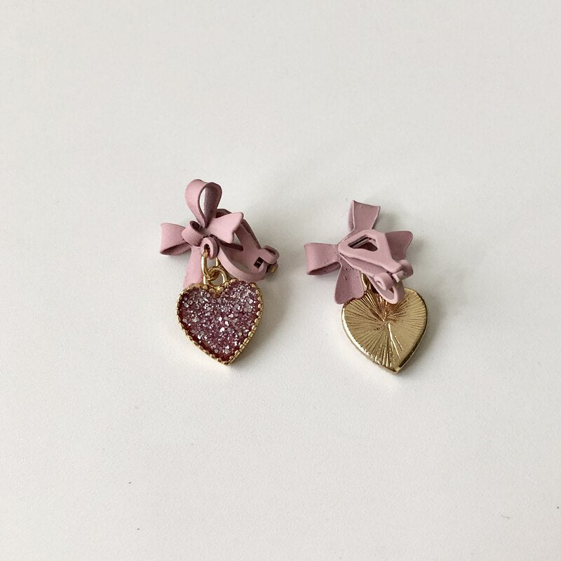Korean style Purple Bow Sequin Love Heart Clip on Earrings