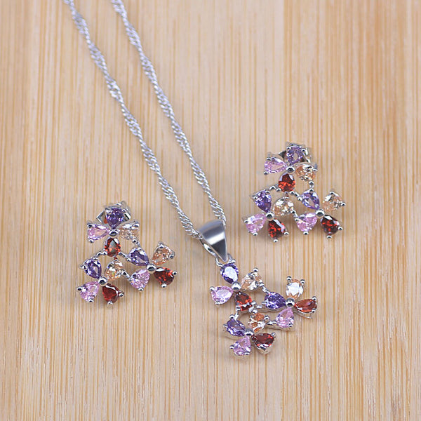 Conjunto de joyería de boda para mujer, collar, pendientes y colgante con forma de flor de color plateado