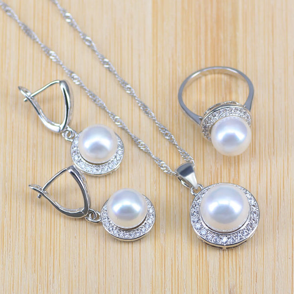 Conjuntos de joyas de color plata con perlas naturales de agua dulce