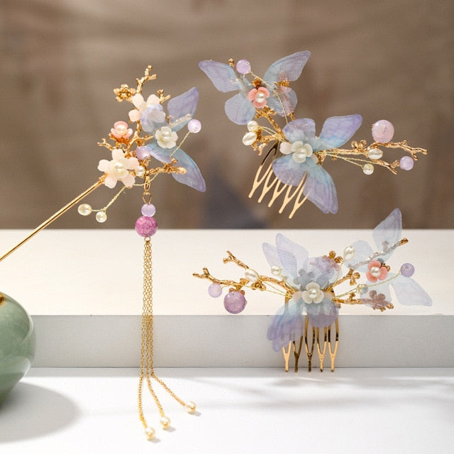 Luxury Fashion Bride style pearl tassel hairpin haircomb earrings set