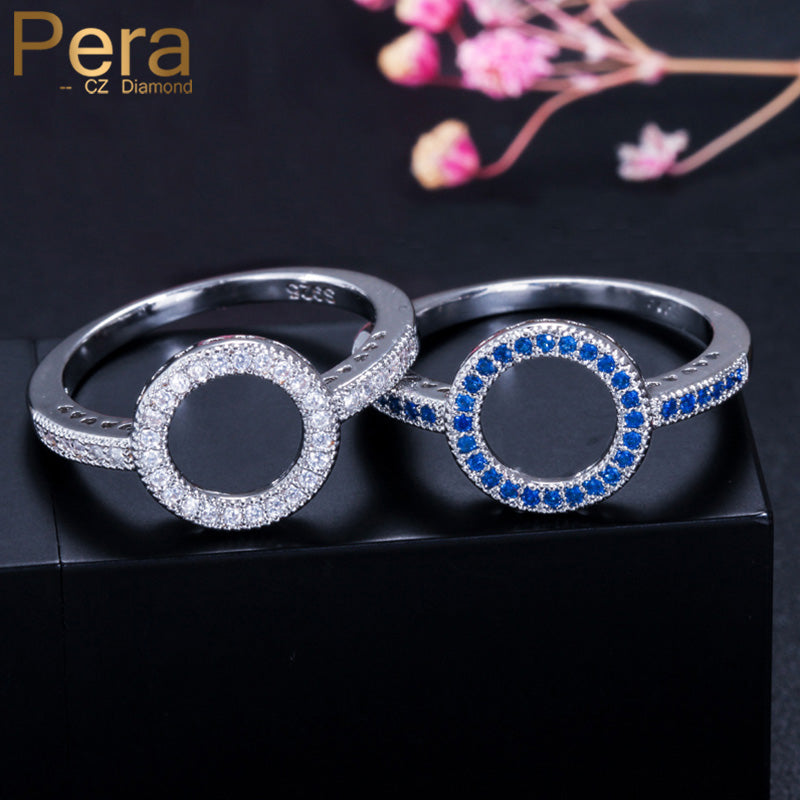 Silver Color Big Hollow Out Round Shape Blue Cubic Zirconia Simple Finger Rings
