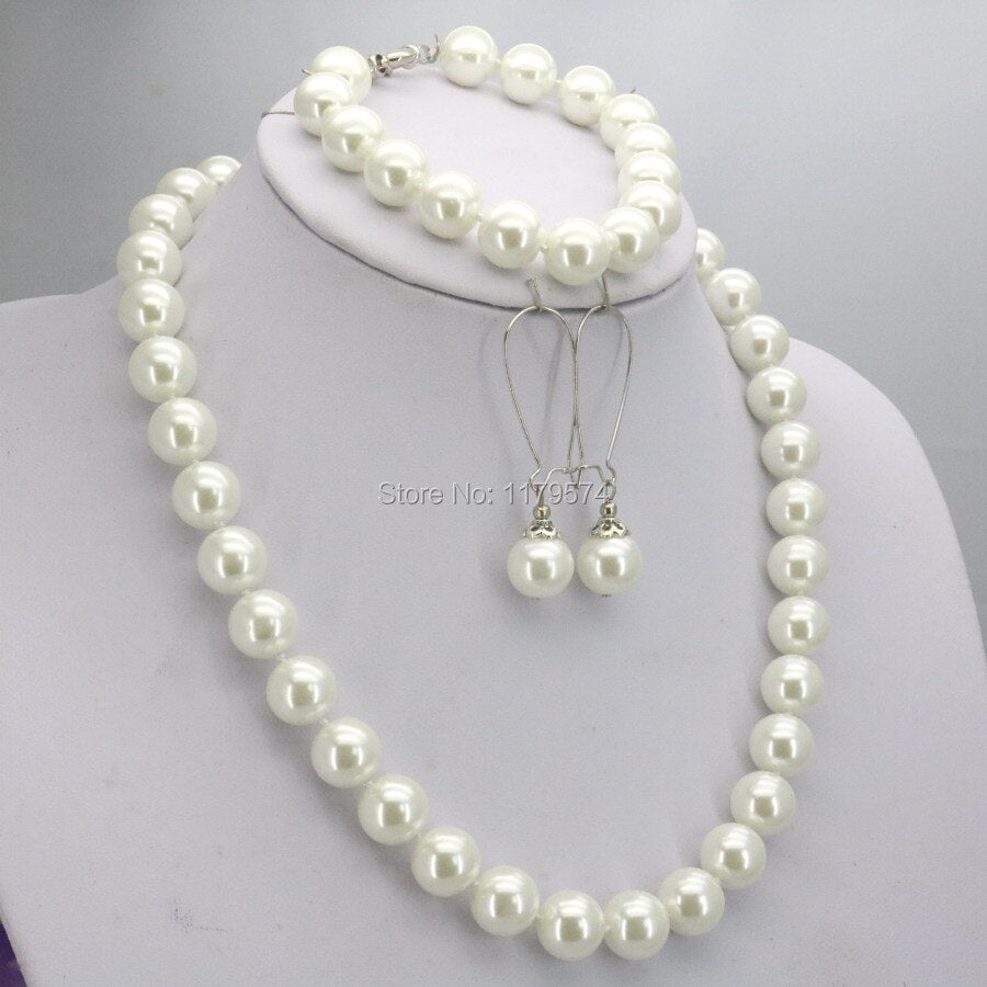 10mm White Round Shell Pearl Beads Necklace Bracelet Earrings Sets