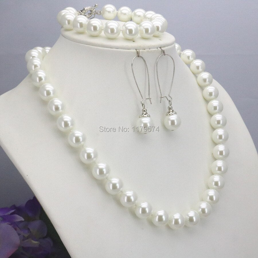 10mm White Round Shell Pearl Beads Necklace Bracelet Earrings Sets