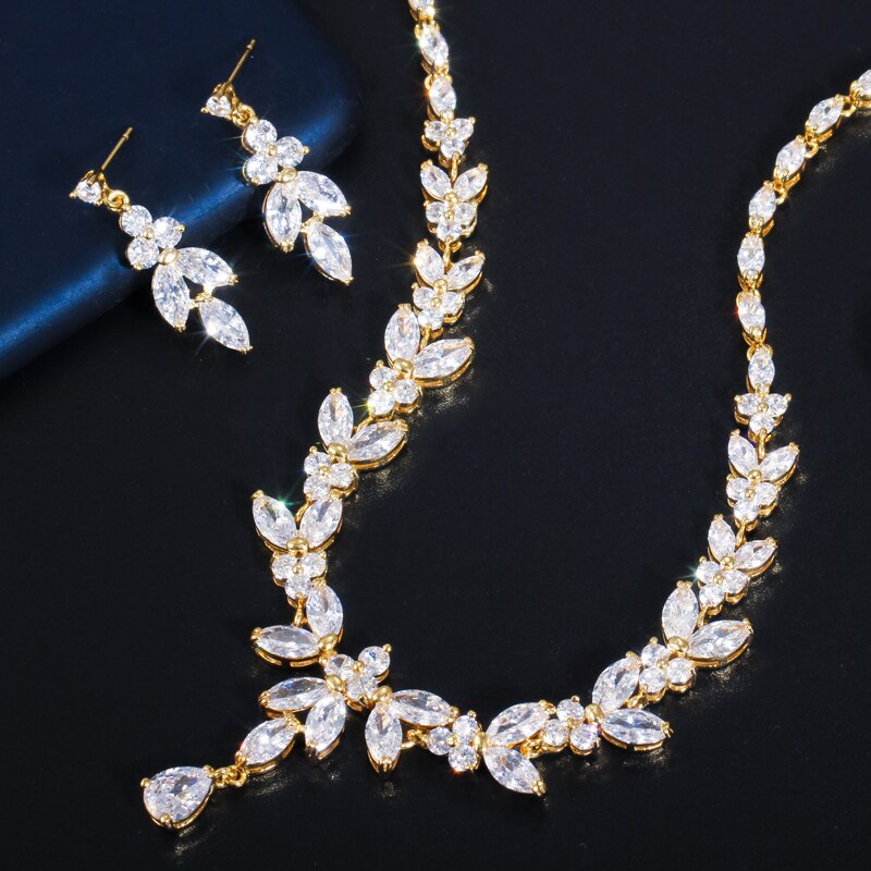 Zirconia Leaf Drop Women Party Wedding Necklace Bridal Jewelry Set