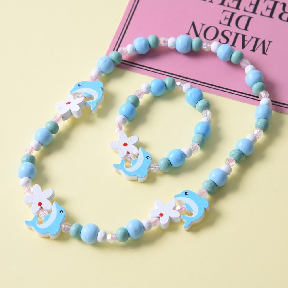 Cute Cartoon Wooden Flower Animal Child Sweater Necklace