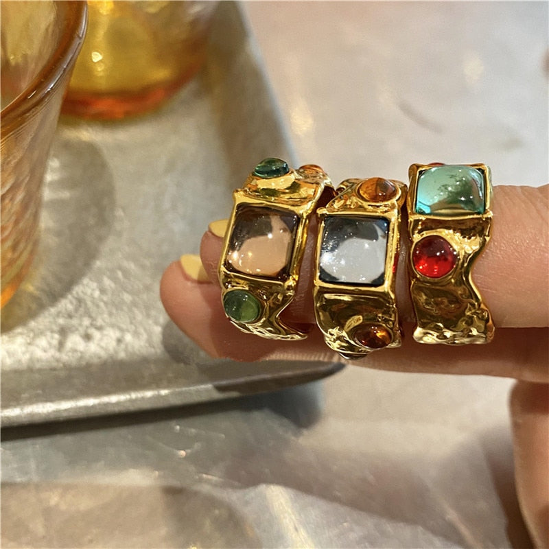 Colorful Vintage  Gold-Plated Crystal Rhinestone Rings