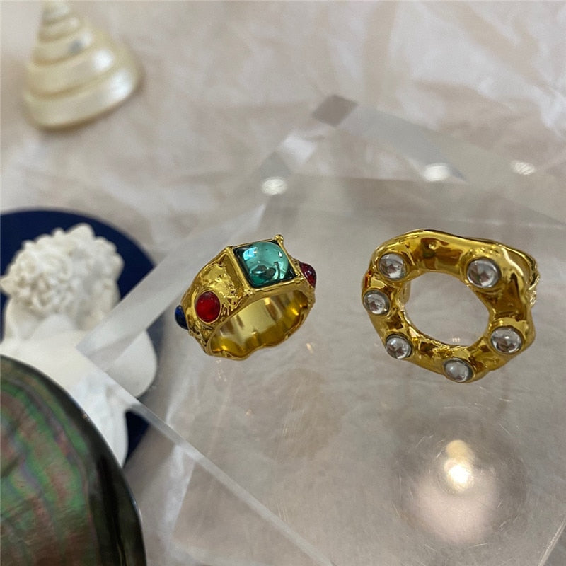 Colorful Vintage  Gold-Plated Crystal Rhinestone Rings