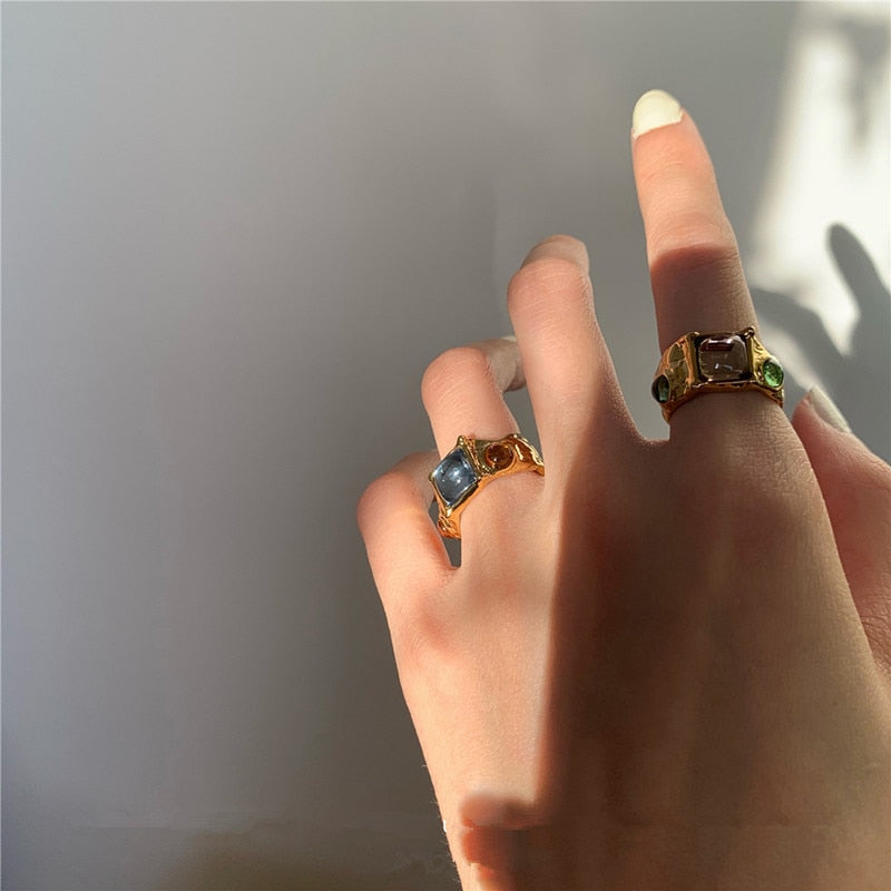 Colorful Vintage  Gold-Plated Crystal Rhinestone Rings