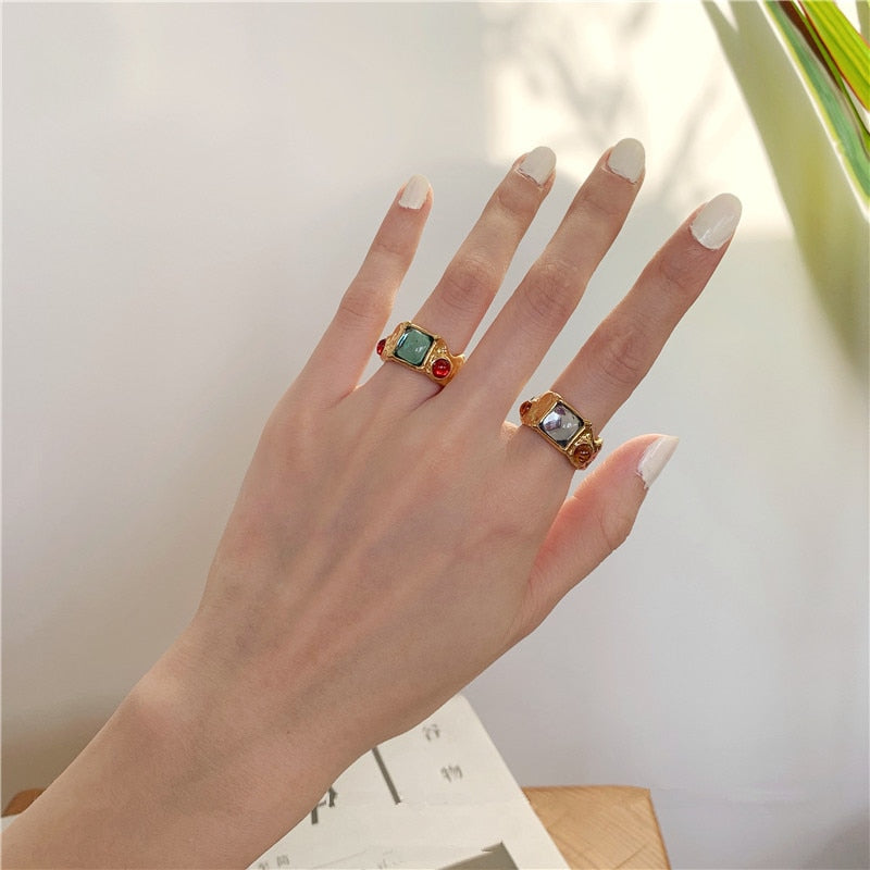 Colorful Vintage  Gold-Plated Crystal Rhinestone Rings