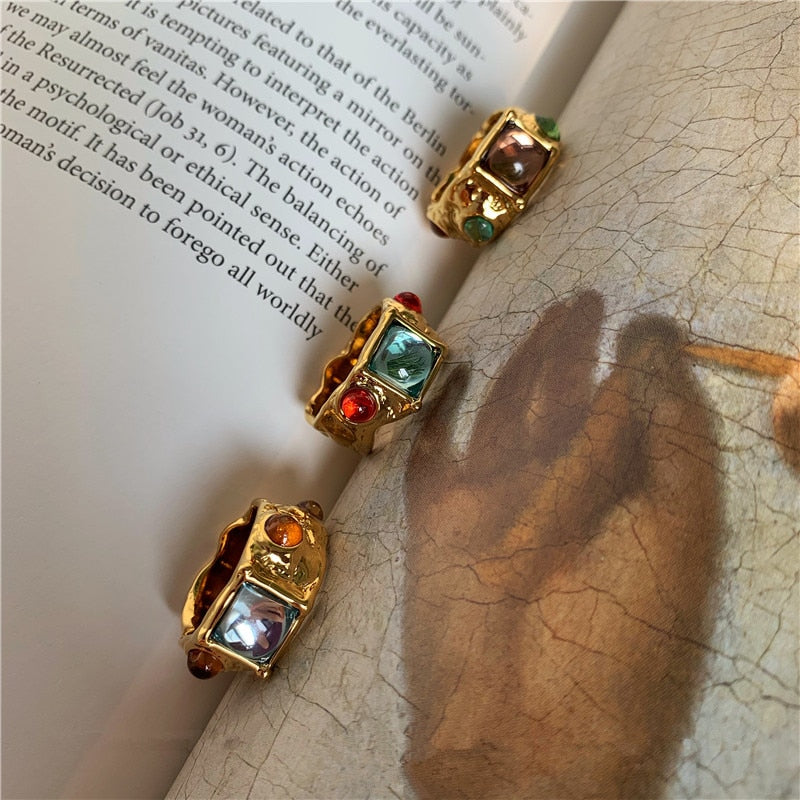 Colorful Vintage  Gold-Plated Crystal Rhinestone Rings