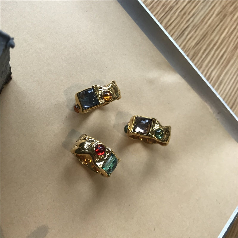 Colorful Vintage  Gold-Plated Crystal Rhinestone Rings