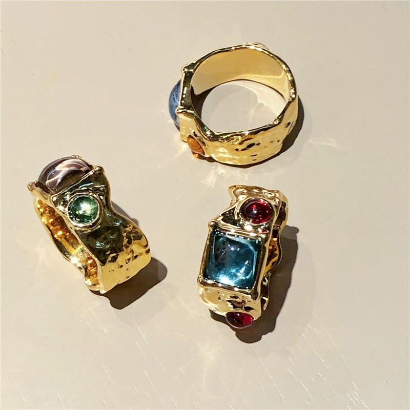 Colorful Vintage  Gold-Plated Crystal Rhinestone Rings