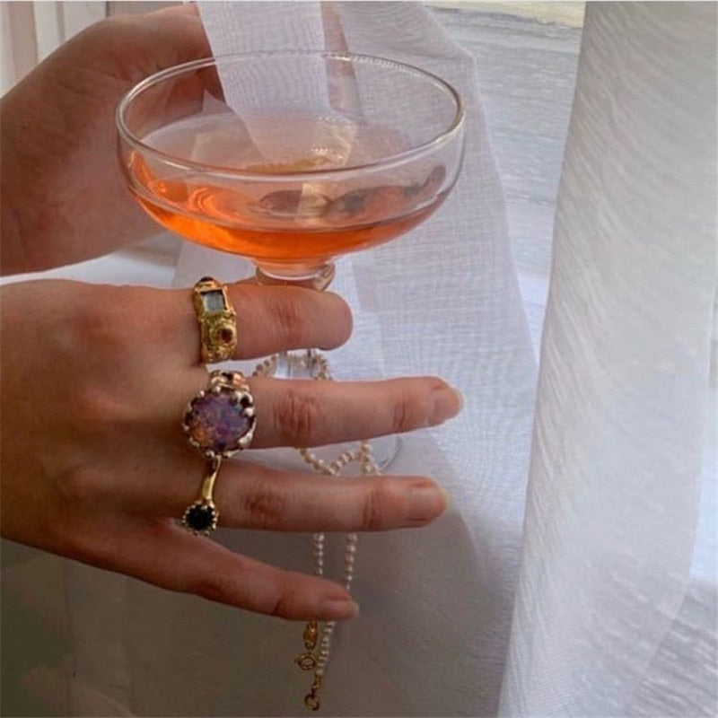 Colorful Vintage  Gold-Plated Crystal Rhinestone Rings