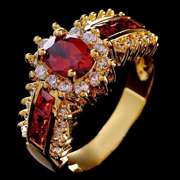 Anillo de boda para mujer con circonitas cúbicas rojas y doradas