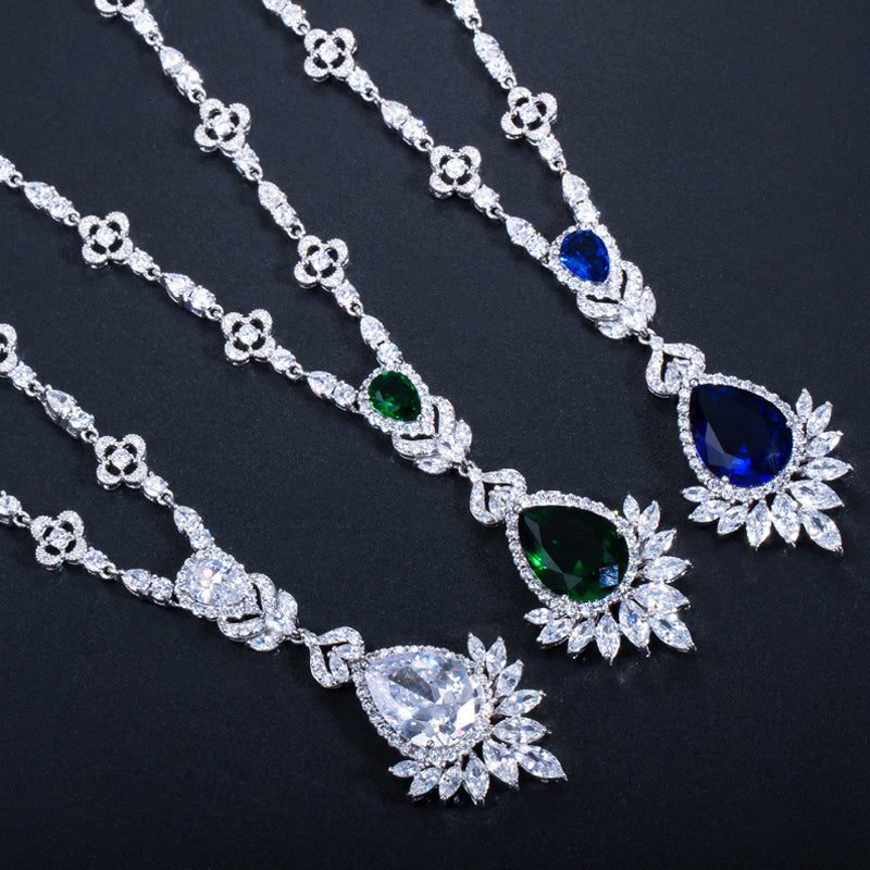 Gorgeous Teardrop Green CZ Crystal Wedding Earring Necklace Dress Jewelry Sets