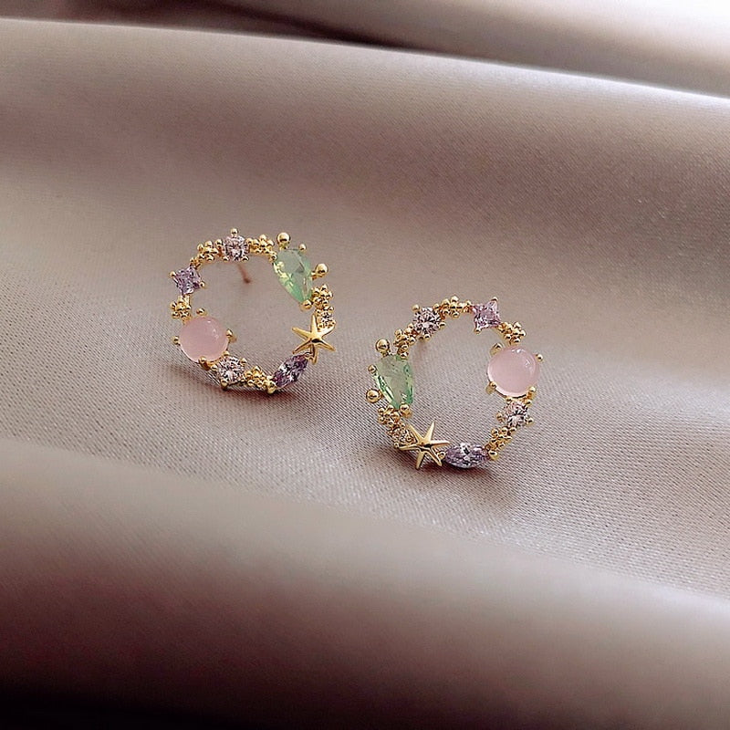 New Arrival Classic Round Pink Green Crystal Stud Earrings