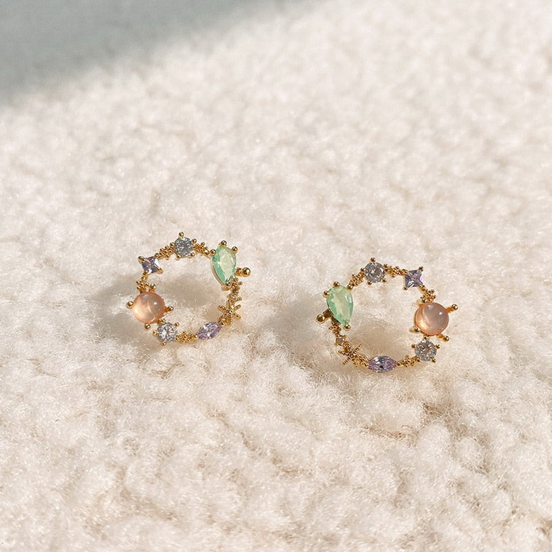 New Arrival Classic Round Pink Green Crystal Stud Earrings