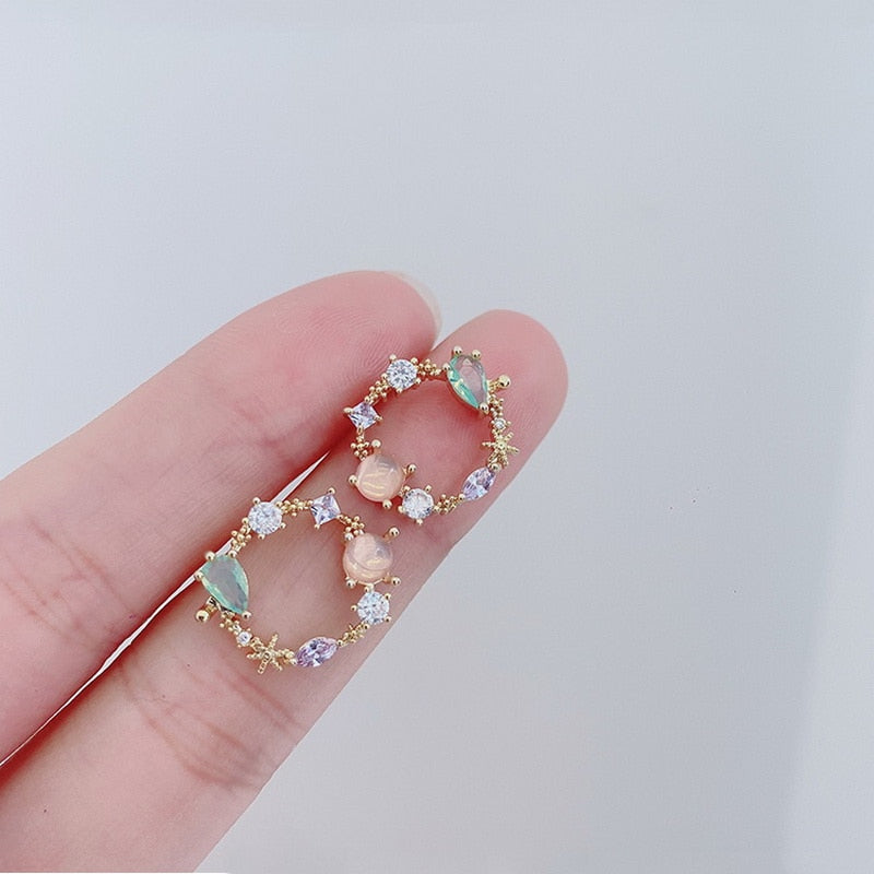 New Arrival Classic Round Pink Green Crystal Stud Earrings