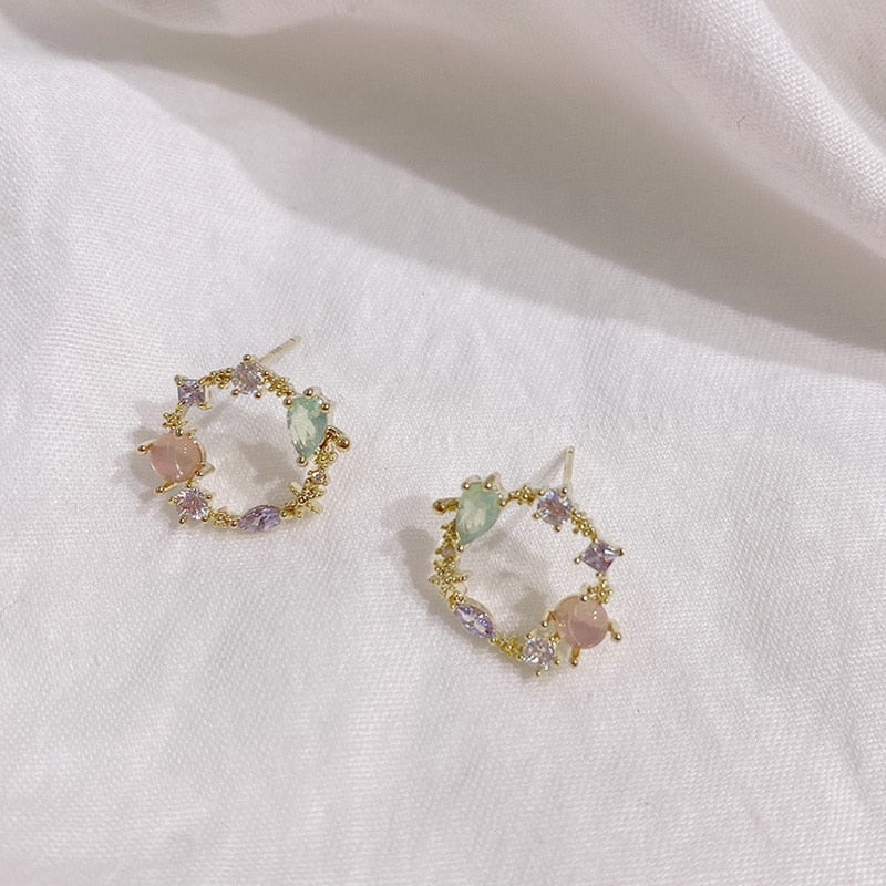 New Arrival Classic Round Pink Green Crystal Stud Earrings
