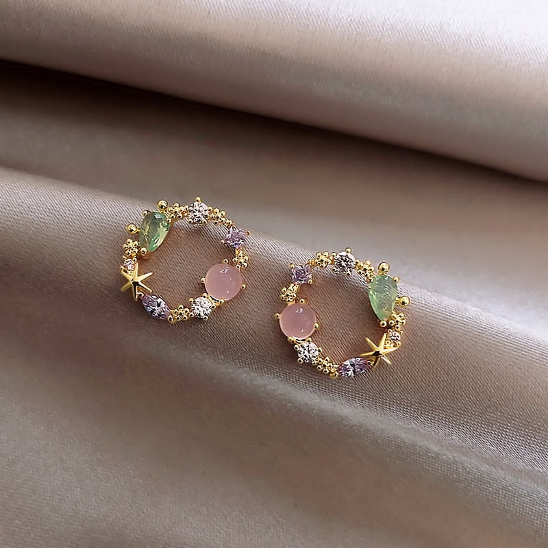 New Arrival Classic Round Pink Green Crystal Stud Earrings