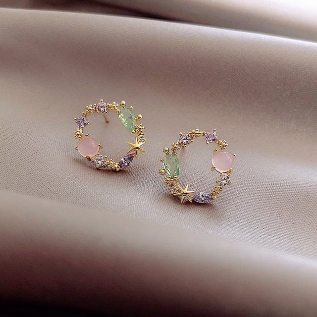 New Arrival Classic Round Pink Green Crystal Stud Earrings