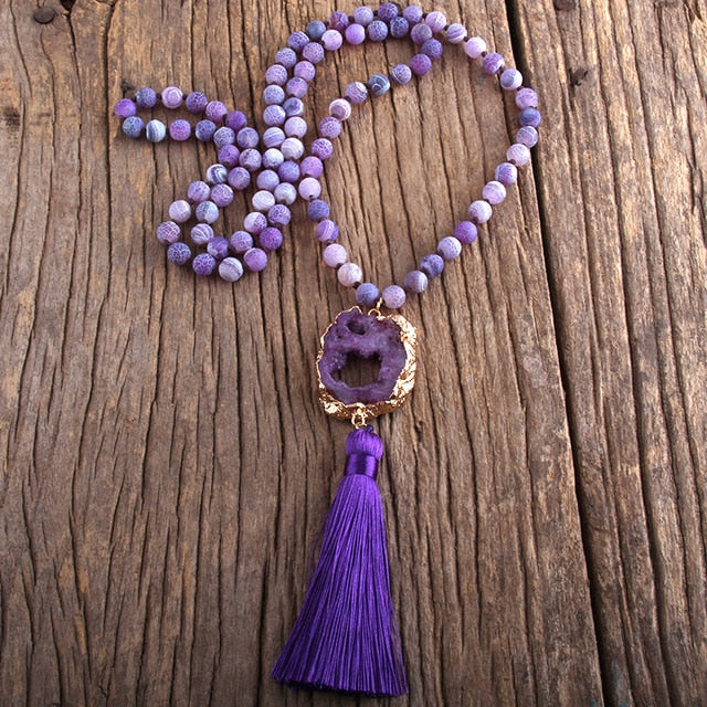 Bohemian Semi Precious Stones Knotted  Tassel Necklaces