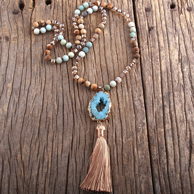 Bohemian Semi Precious Stones Knotted  Tassel Necklaces