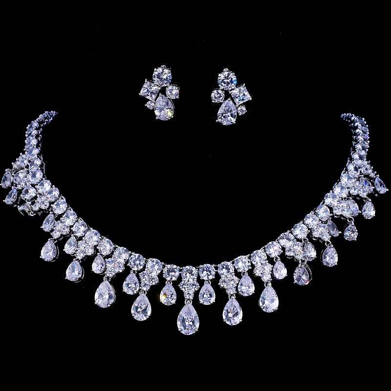 Zircons White Gold Color Cubic Zirconia Bridal  Wedding Necklace And Earring Sets