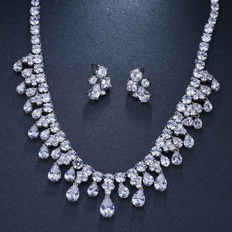 Zircons White Gold Color Cubic Zirconia Bridal  Wedding Necklace And Earring Sets