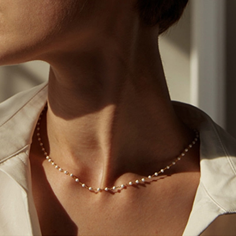 Simple Pearl Bead Chain Choker Necklace