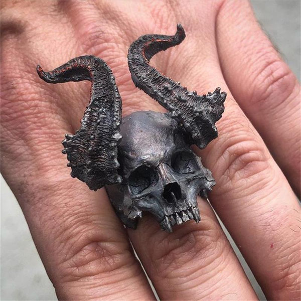 Detail Black 316L Stainless Steel Skull Ring Horned Satan Devil Punk Biker Rings